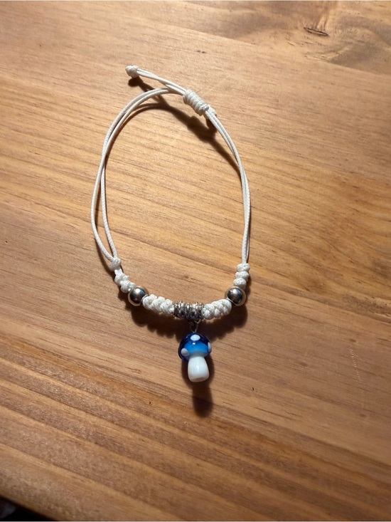 Jewelry - Adjustable White Cord Bracelet with Blue Mushroom Charm